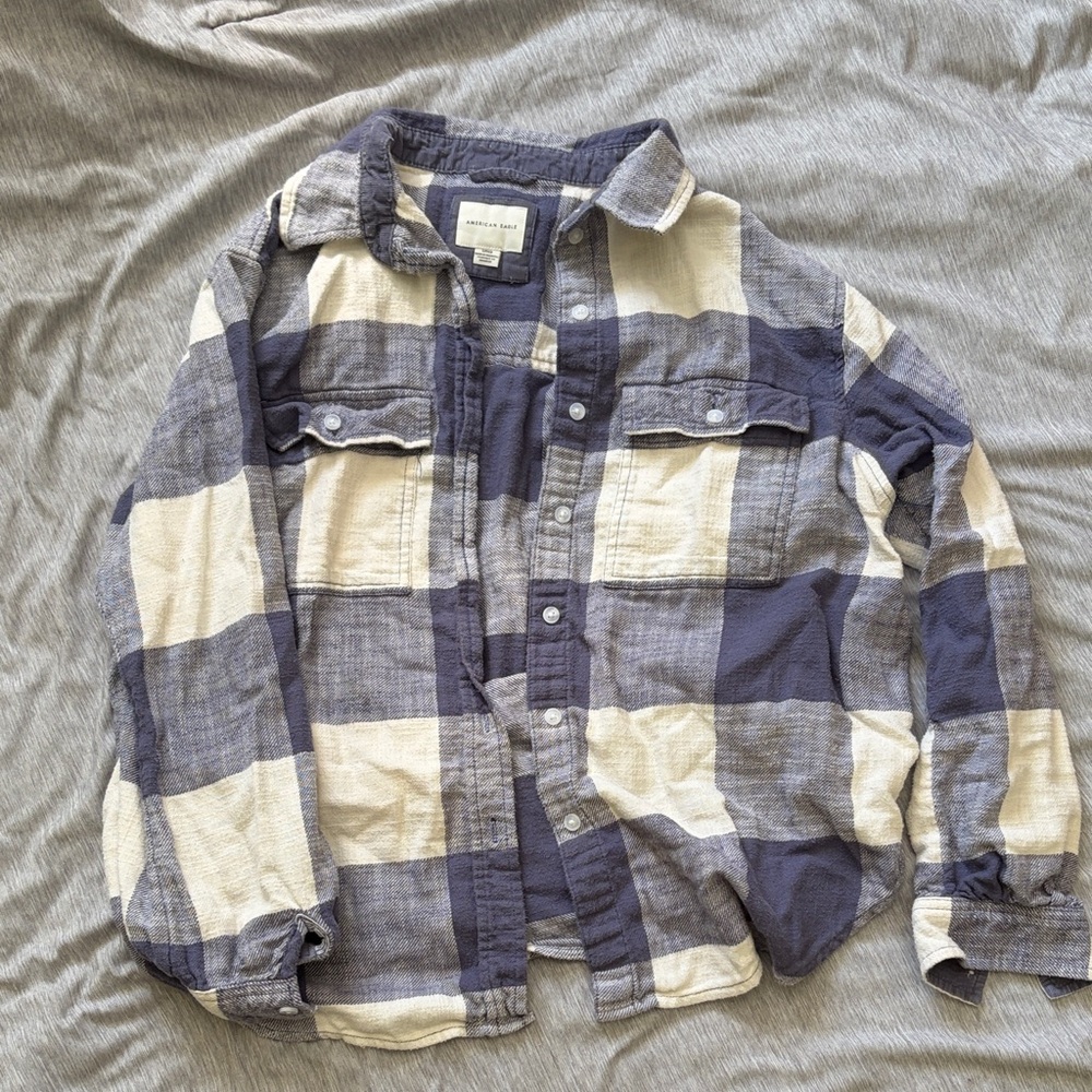 Women’s Blue and Cream Plaid Shirt